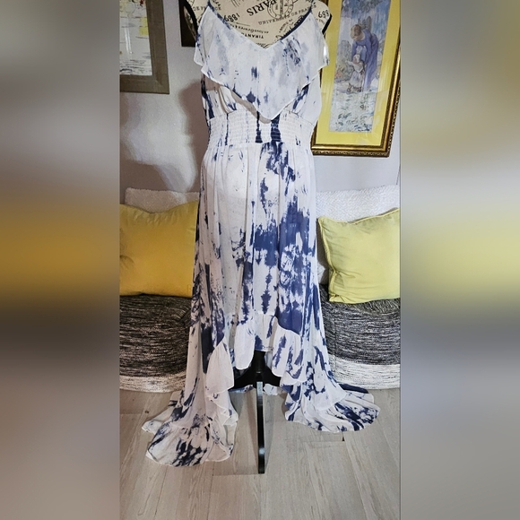Guess Blue and White Tie-Dye Maxi High Low Dress Sz L - Picture 1 of 11